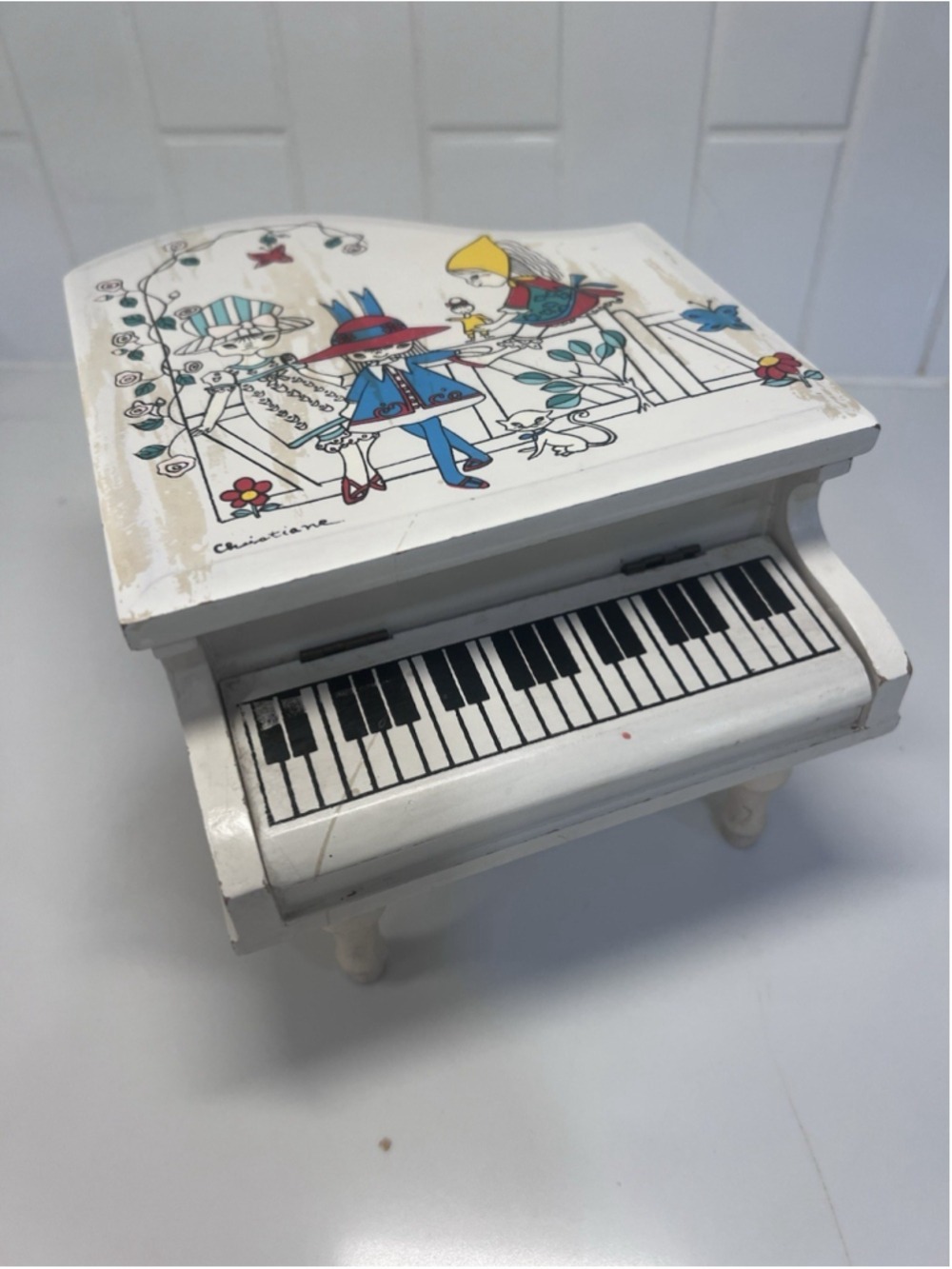 Vintage 1960s 70s Wood Grand Piano Music Jewelry Box Artwork By Christiane